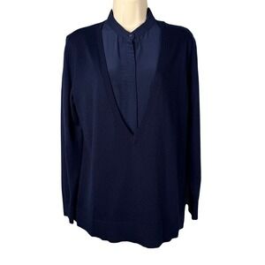 Club Monaco Sweater Top Womens Small Wool Blend Navy Twofer‎ Layered Blouse
